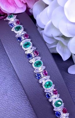 AIG Certified 18.00 Ct  Emeralds Siam Rubies Ceylon Sapphires 18K Gold Bracelet