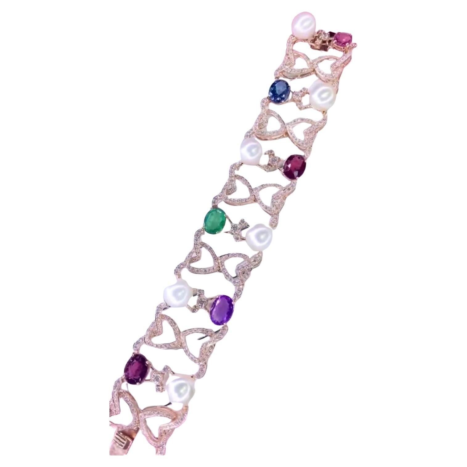 AIG Certified 18.00 Ct Rubellite Emerald  Topaz Amethist 6.60 Diamonds Bracelet For Sale