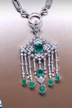 AIG Certified 18.00 Cts Diamonds 9.00 Cts Zambian Emeralds 18K ART DECO Necklace