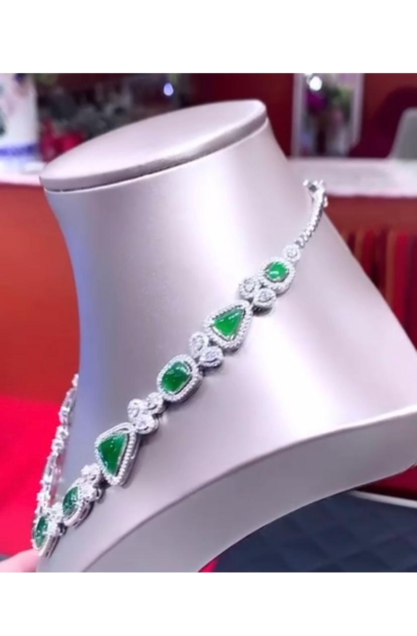 Cabochon AIG certified 18.68 Carats Untreated Jade  7.66 ct of diamonds on necklace  For Sale
