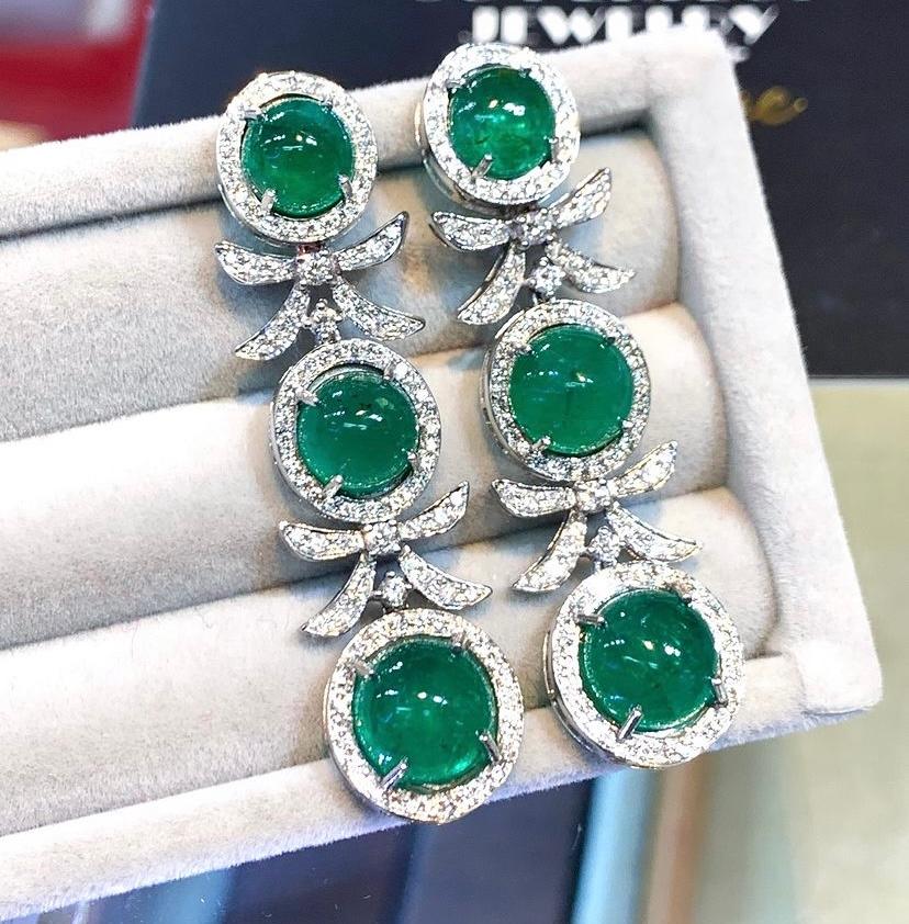 Cabochon AIG Certified 18.80 Carats Zambian Emeralds Diamonds 18K Gold Earrings  For Sale