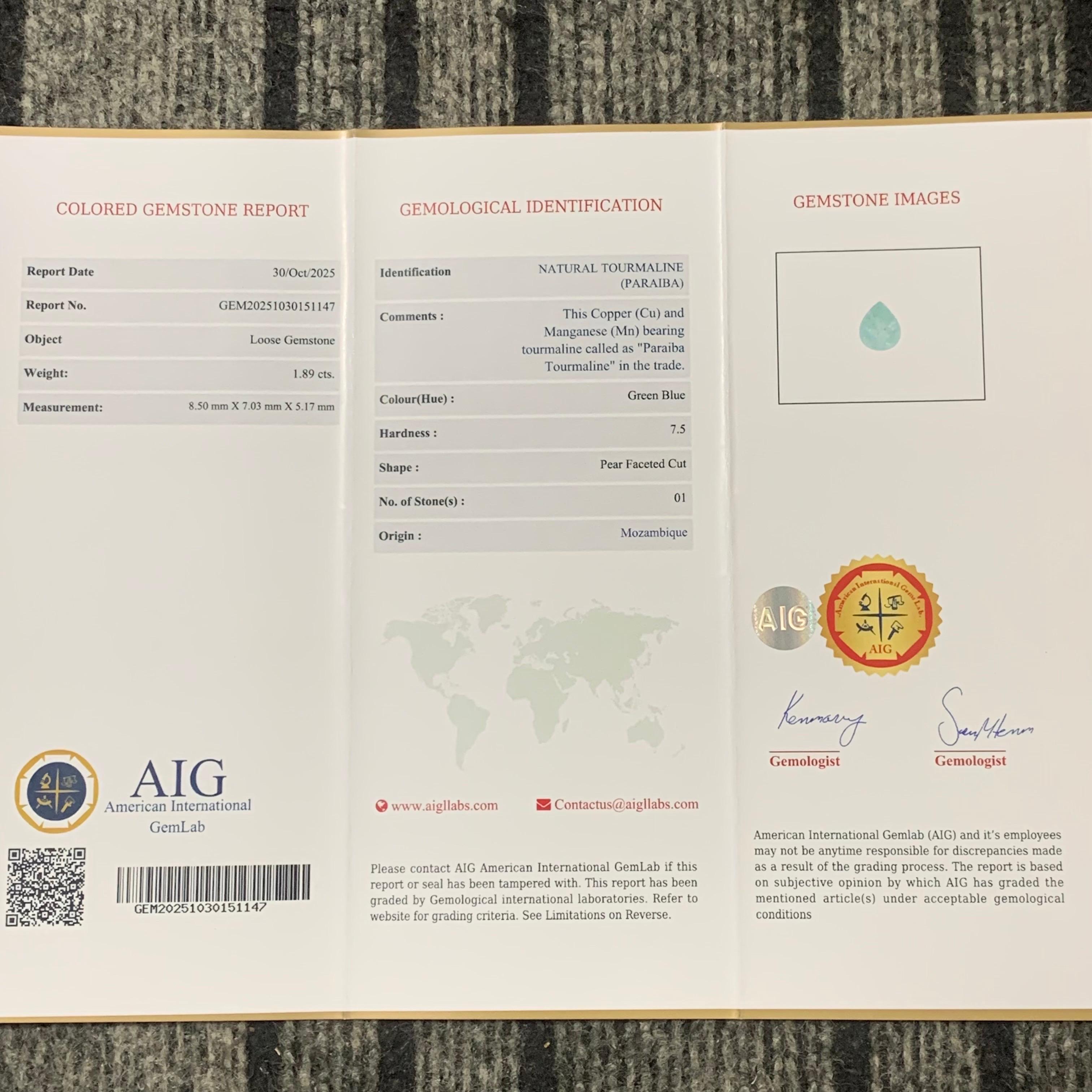 Gemma naturale sciolta di tormalina Paraiba a forma di pera certificata AIG da 1,89 carati in vendita 9