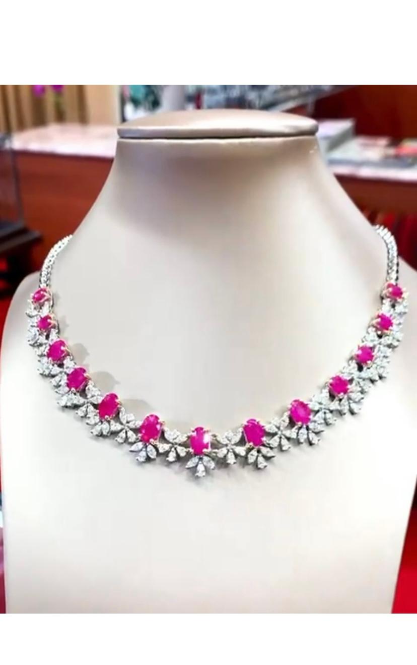 Oval Cut AIG Certified 19.39 Ct Burma Rubies  9.42 Ct Diamonds 18K Gold Necklace  For Sale