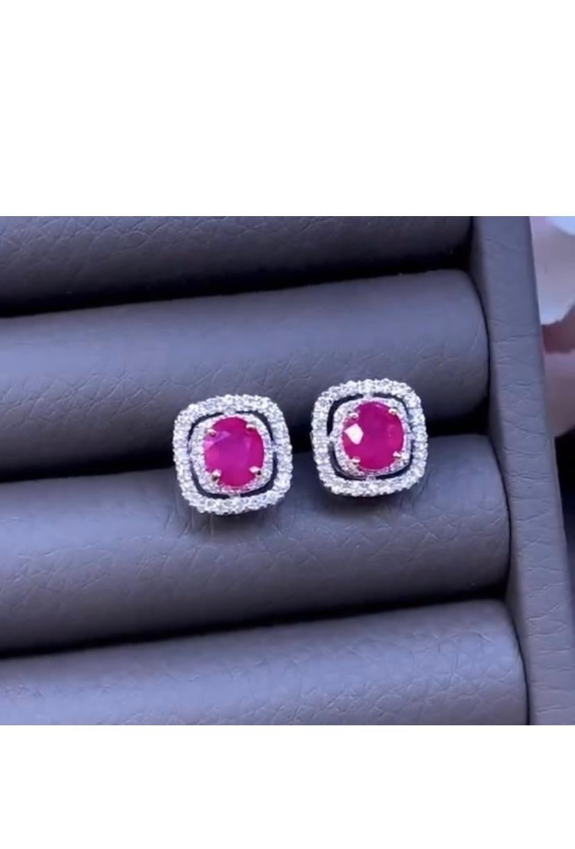 Oval Cut AIG Certified 2.00 Carat Burma Rubies Diamonds 18K Gold Earrings For Sale