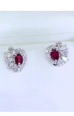 AIG Certified 2.00 Carat Siamese Rubies 1.55 Ct Diamonds 18K Gold Earrings