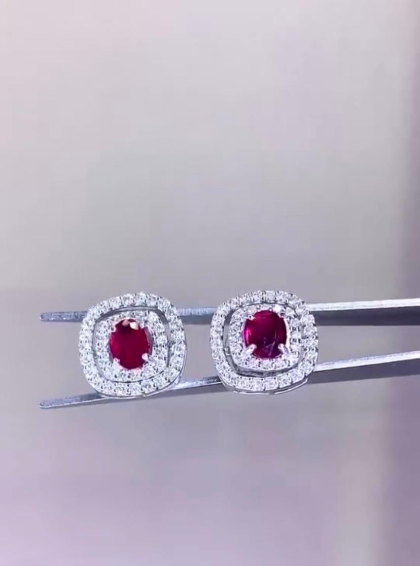 Oval Cut AIG Certified 2.00 Carat Siamese Ruby 1.00 Ct Diamonds 18K Gold Earrings For Sale