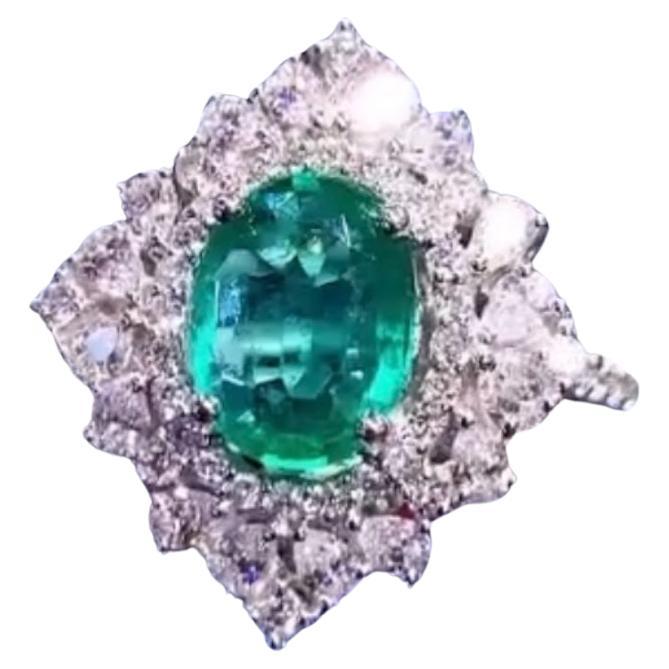 AIG Certified 2.08 Carats Zambian Emerald  1.20 Carats Diamonds 18k Gold Ring For Sale