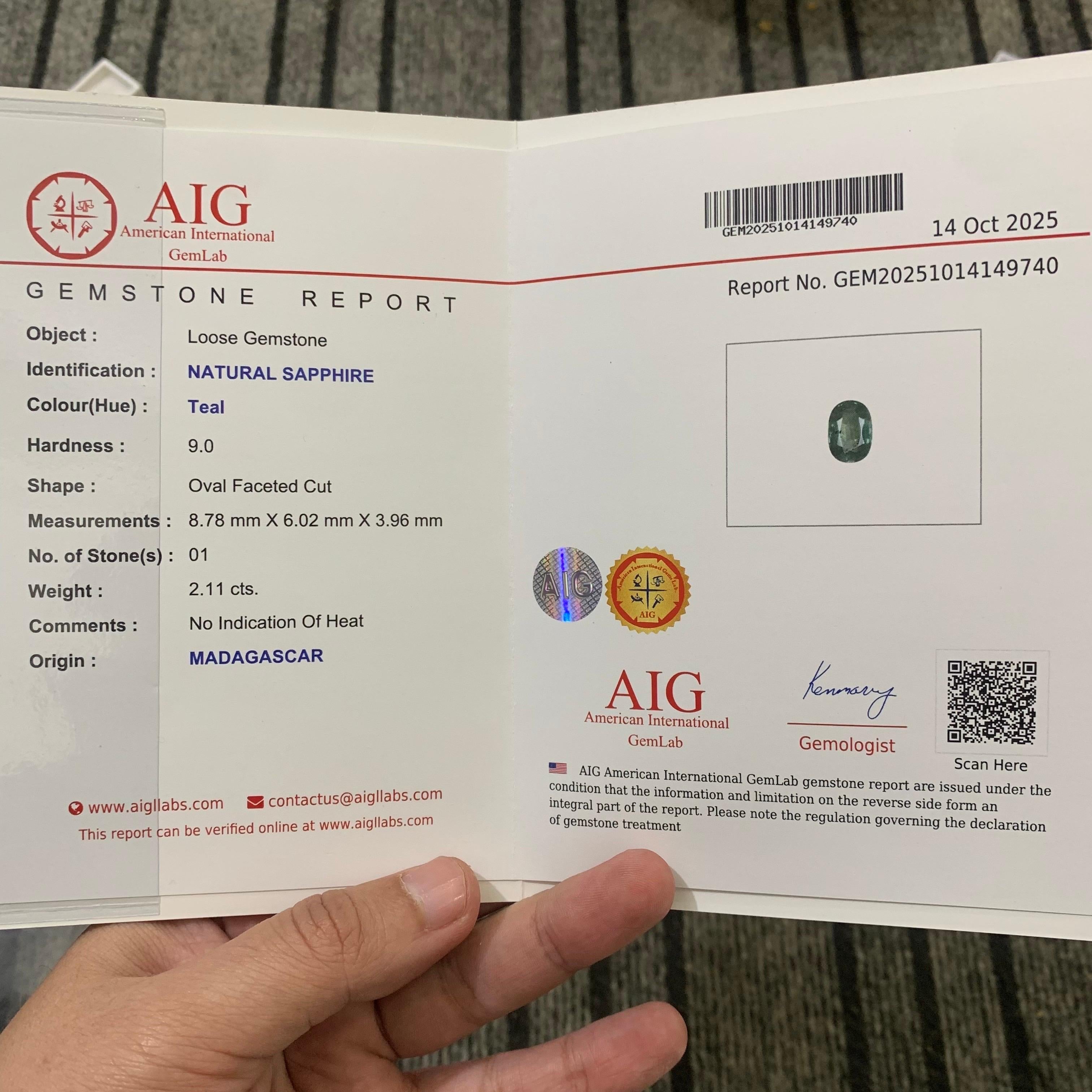 AIG zertifiziert 2,11 Karat natürlichen losen Teal Sapphire Oval Form Edelstein im Angebot 6