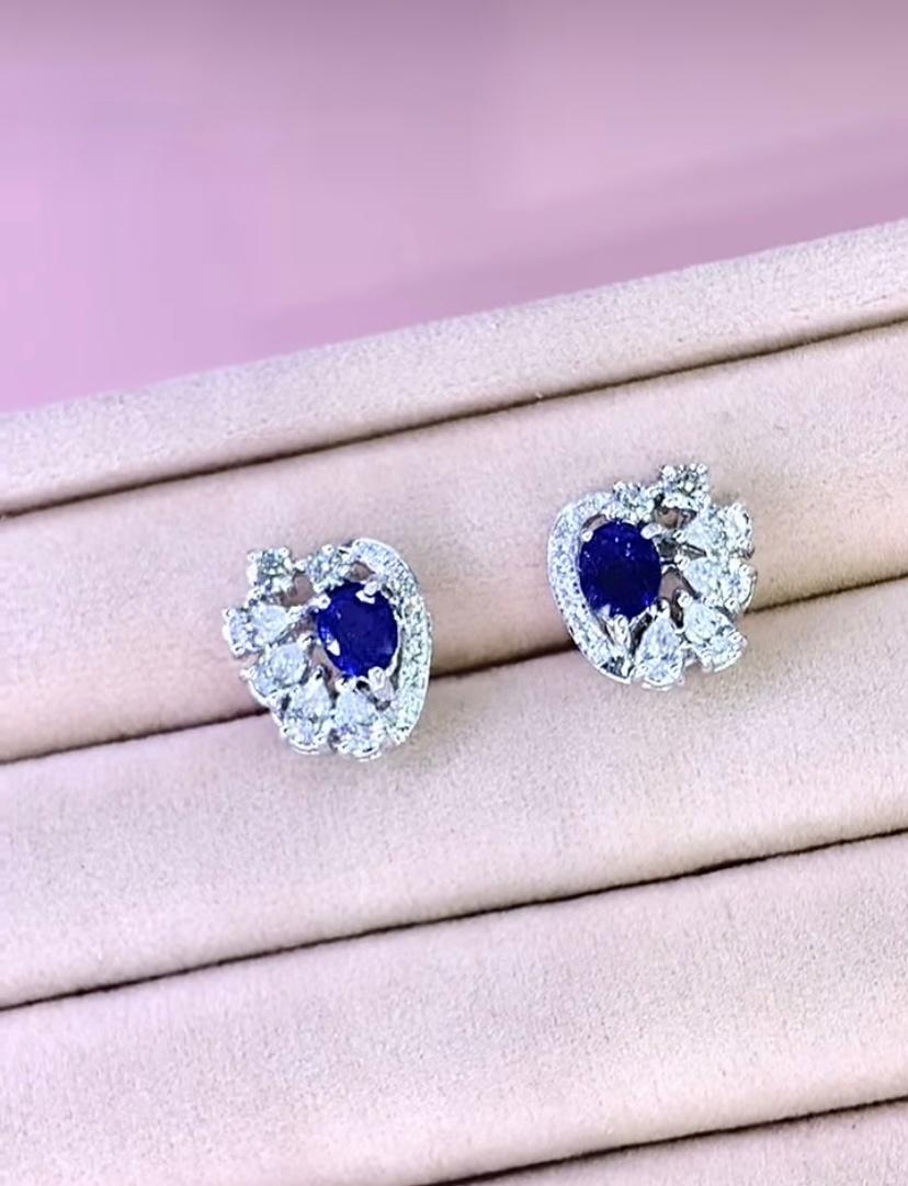 AIG - Certification 2.15 carats  Boucles d'oreilles or 18K saphirs de Ceylan 1.55 ct diamants Neuf - En vente à Massafra, IT