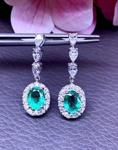AIG Certified 2.15 Carats Zambian Emeralds  1.36 Ct Diamonds 18K Gold Earrings