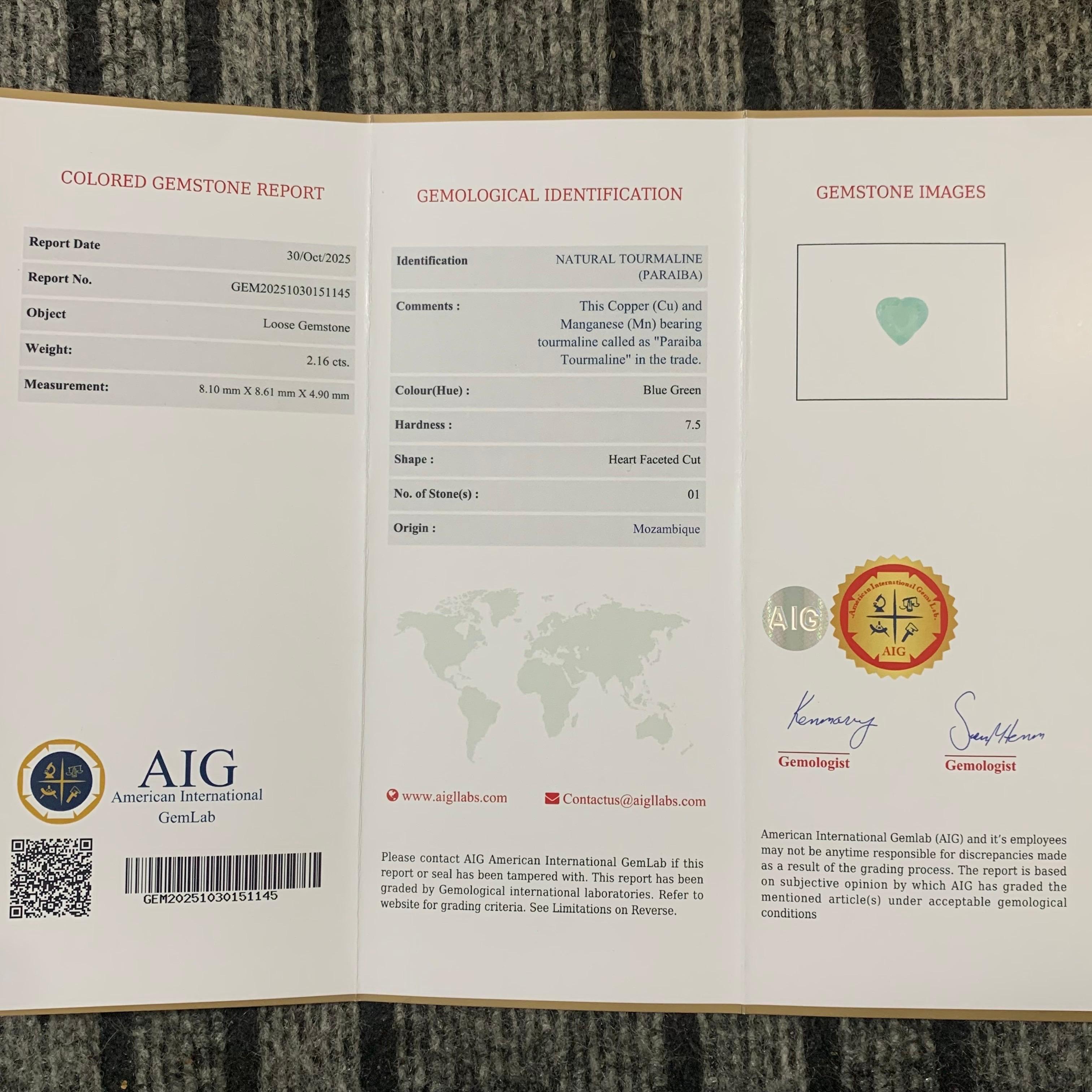Gema natural suelta de turmalina paraiba en forma de corazón de 2.16 quilates certificada por AIG en venta 10
