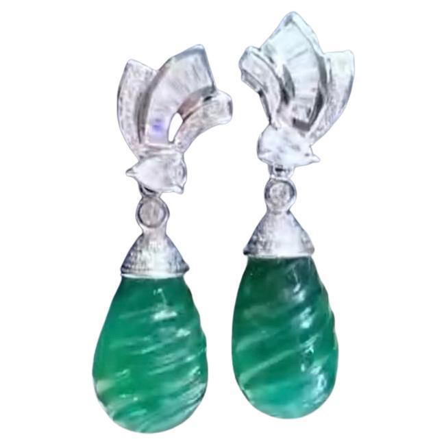 AIG Certified 22.00 Ct Zambian Emeralds Diamonds 18K Gold Earrings