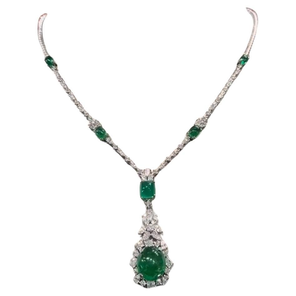 AIG Certified 23.37 Carats Zambian Emeralds  4.77 Ct Diamonds 18K Gold Necklace  For Sale