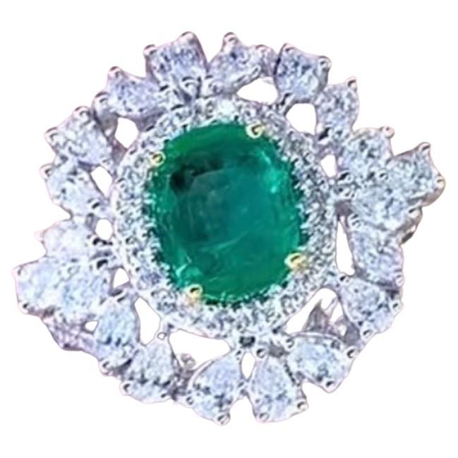 AIG Certified 2.34 Carats Diamonds 2.25 Ct Zambian Emerald 18K Gold Ring