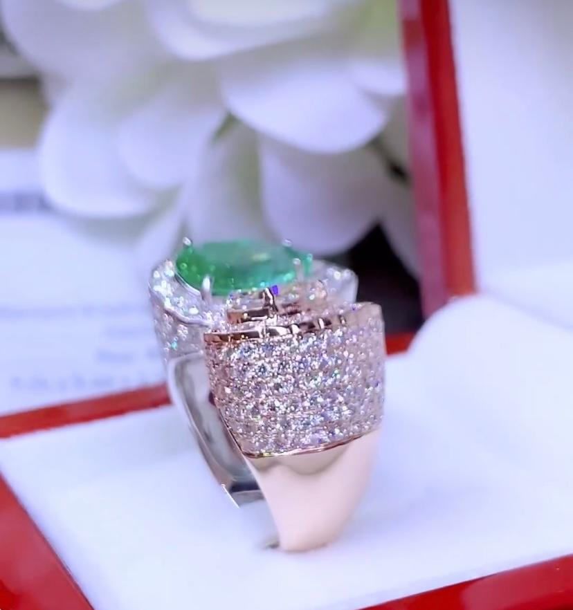 Pear Cut AIG Certified 2.40 Carats Zambia Emerald GIA Certified 1 Ct Diamonds Ring For Sale