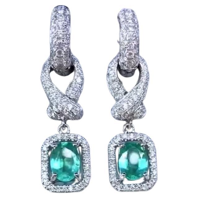 AIG Certified 2.45 Ct Zambian Emeralds 1.90 Ct Diamonds 18k Gold Earrings
