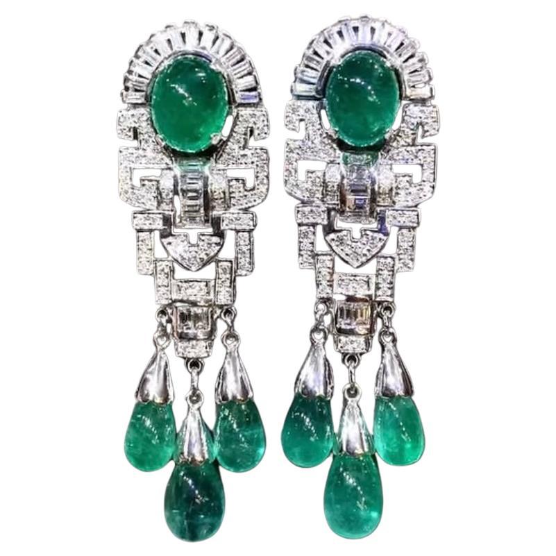 AIG Certified 24.90 Ct Zambian Emeralds  2.70 Ct Diamonds Gold Art Decò Earrings For Sale
