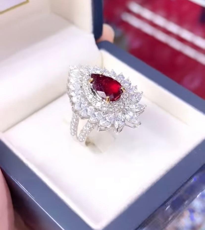 Pear Cut AIG Certified 2.50 Ct Untreated Mozambique Ruby  3.40 Ct Diamonds 18K Gold For Sale