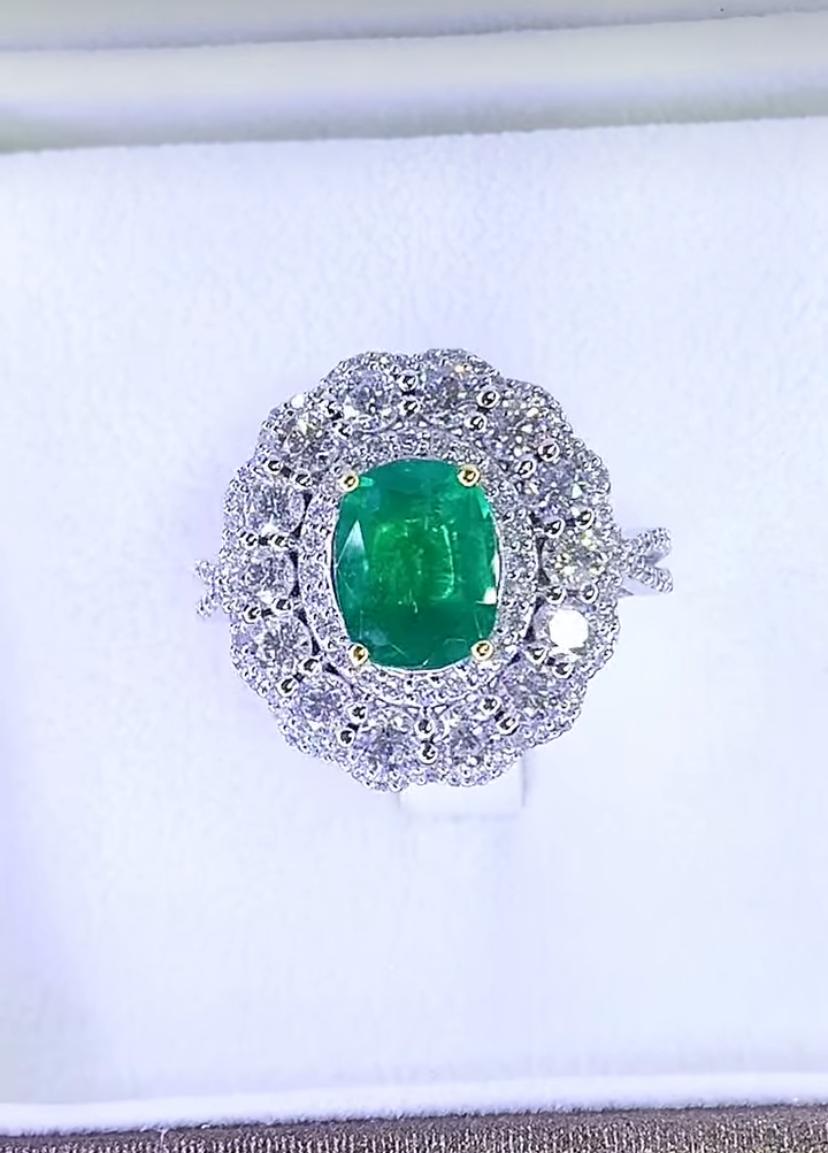 Women's AIG Certified 2.60 Ct Zambian Emerald 2.50 Ct Diamonds 18K Gold Ring For Sale