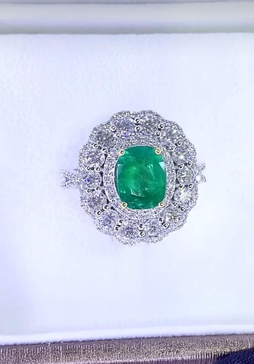 AIG Certified 2.60 Ct Zambian Emerald 2.50 Ct Diamonds 18K Gold Ring For Sale 2