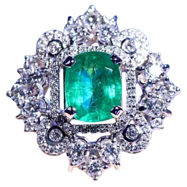AIG Certified  2.65 Ct Zambian Emerald 2.40 Ct Diamonds 18K Gold Ring For Sale