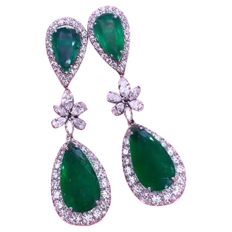 AIG Certified 27.00 Carats Natural Zambian Emeralds 6.50 Ct Diamonds Earrings
