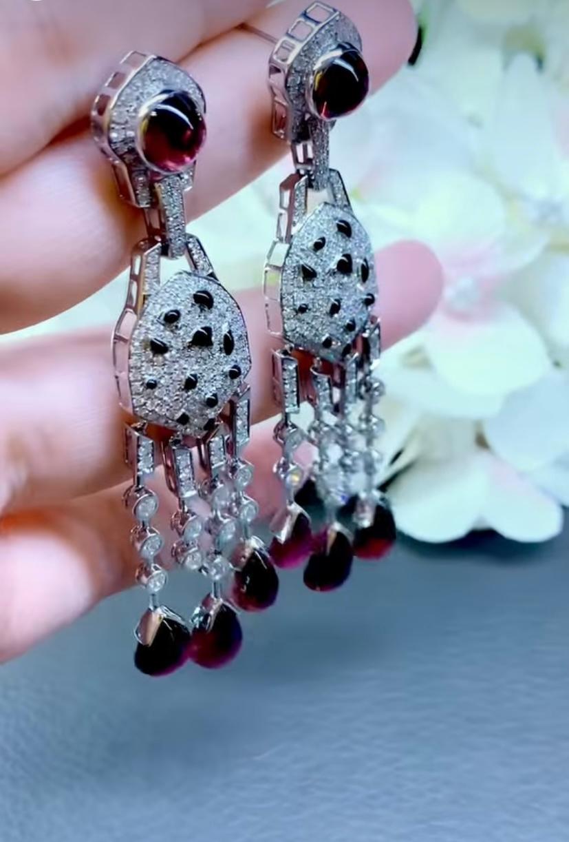 Mixed Cut AIG Certified 27.00 Ct Tourmaline Rubellite  3.30 Ct Diamonds 18K Gold Earrings For Sale