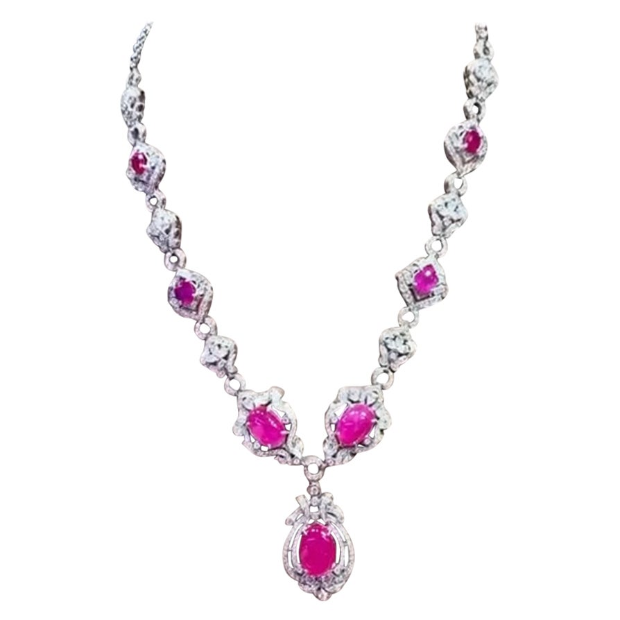 AIG Certified 27.33 Ct Burma Rubies  8.31 Ct Diamonds 18k Gold Necklace  For Sale