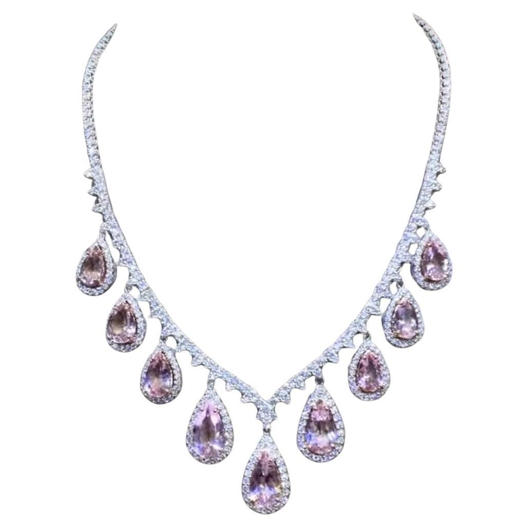 AIG Certified 27.90 Carat Pink Morganite 15.00 Ct Diamonds 18K Gold Necklace For Sale