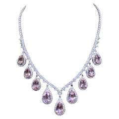 AIG Certified 27.90 Carat Pink Morganite 15.00 Ct Diamonds 18K Gold Necklace