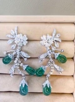 Certified 28.00 Carats Zambian Emeralds 2.20 Ct Diamonds 18K Gold Earrings