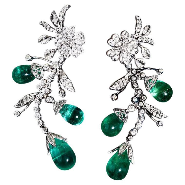 AIG Certified 28.00 Carats Zambian Emeralds 2.20 Ct Diamonds 18K Gold Earrings For Sale