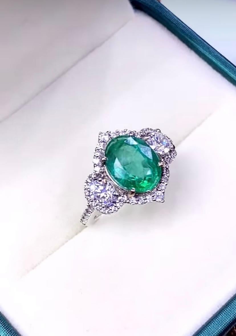 AIG Certified 2.82 Ct Zambian Emerald 1.00 Ct Diamonds 18k Gold Ring For Sale 1