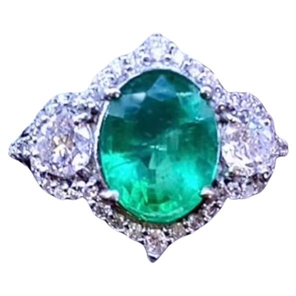 AIG Certified 2.82 Ct Zambian Emerald 1.00 Ct Diamonds 18k Gold Ring For Sale