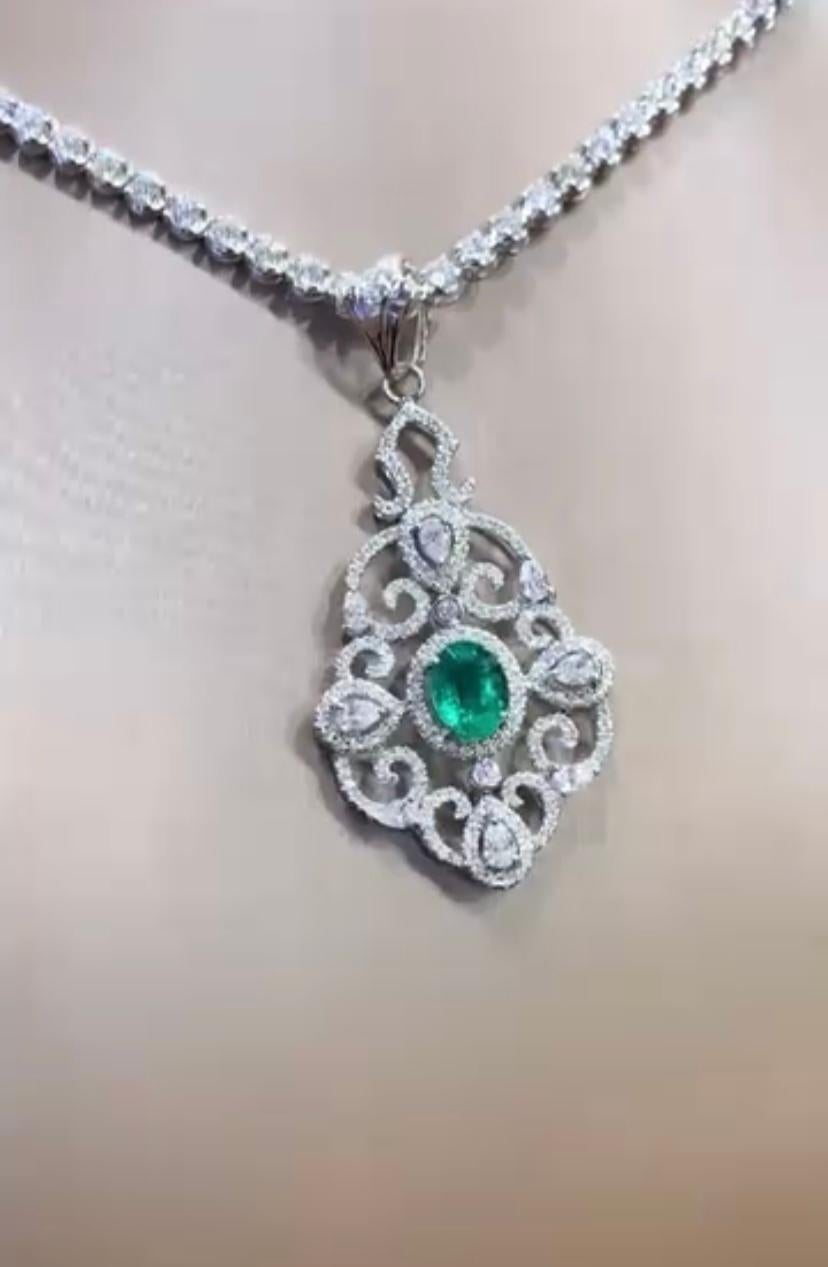 Oval Cut AIG Certified 2.90 Ct Zambian Emerald 2.90 Ct Diamonds 18K Gold Pendant For Sale