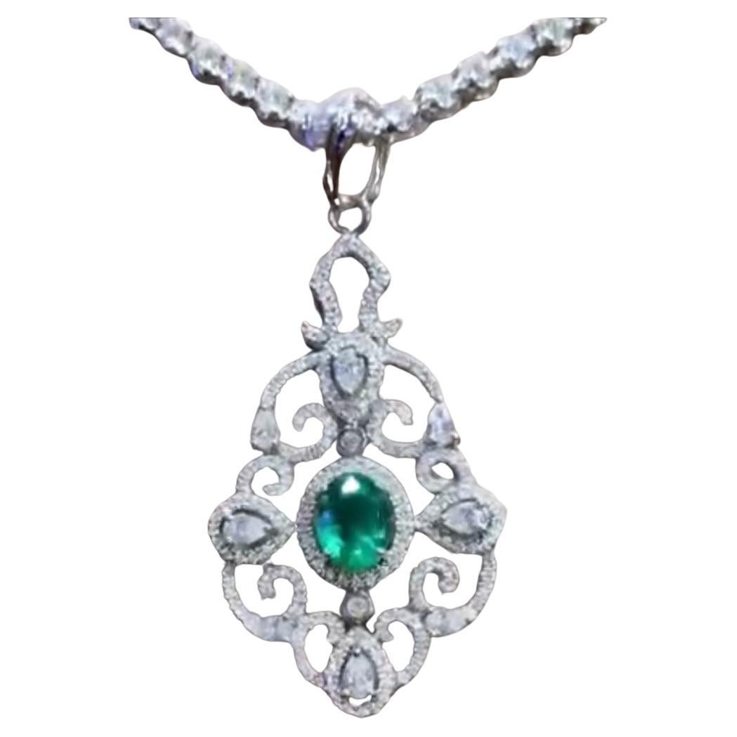AIG Certified 2.90 Ct Zambian Emerald 2.90 Ct Diamonds 18K Gold Pendant