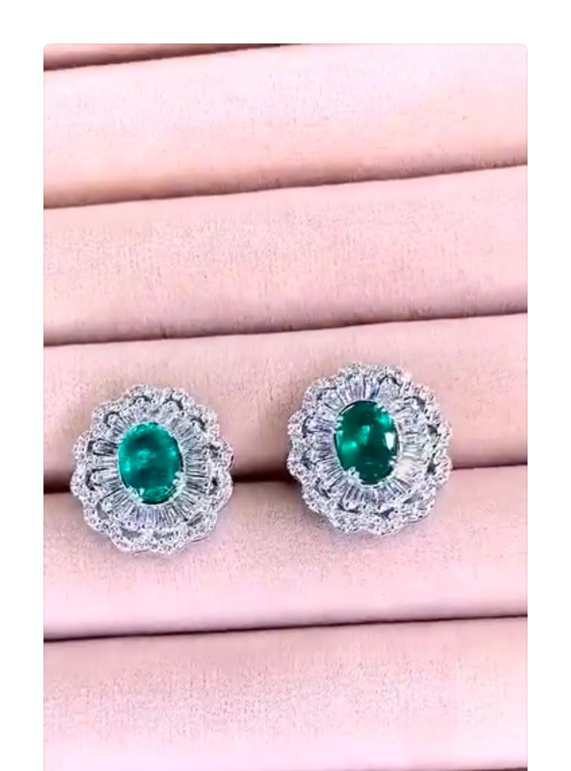 Oval Cut AIG Certified 2.90 Ct Zambian Emeralds 1.90 Ct Diamonds 18k Gold Earrings For Sale