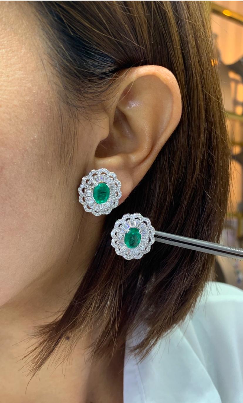 AIG Certified 2.90 Ct Zambian Emeralds 1.90 Ct Diamonds 18k Gold Earrings For Sale 2