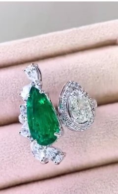 AIG Certified 3.00 Carat Zambian Emerald GIA Certified 1.00 Ct 18K Gold Ring