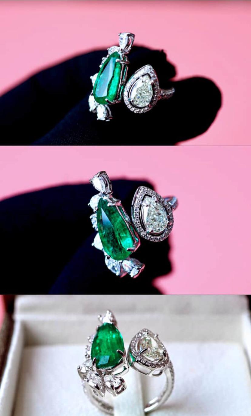 AIG-zertifizierter 3,00 Karat sambischer Smaragd GIA-zertifizierter 1,00 Karat 18K Goldring Damen im Angebot