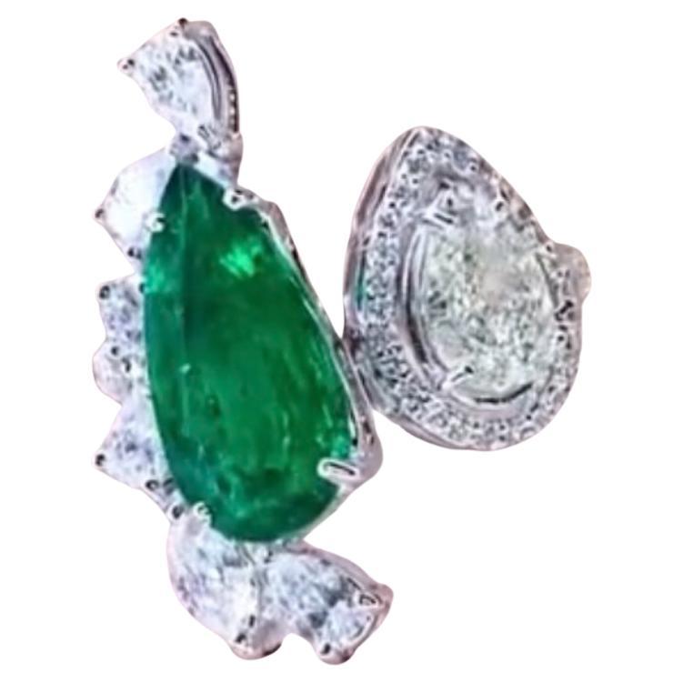 AIG Certified 3.00 Carat Zambian Emerald GIA Certified 1.00 Ct 18K Gold Ring