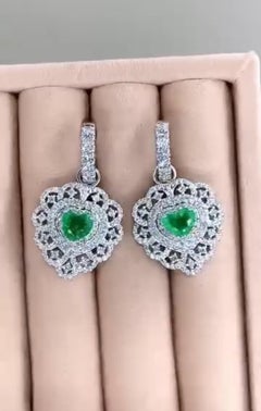 AIG Certified 3.00 Ct Diamonds 2.34 Ct Zambian Emeralds 18K Gold Earrings