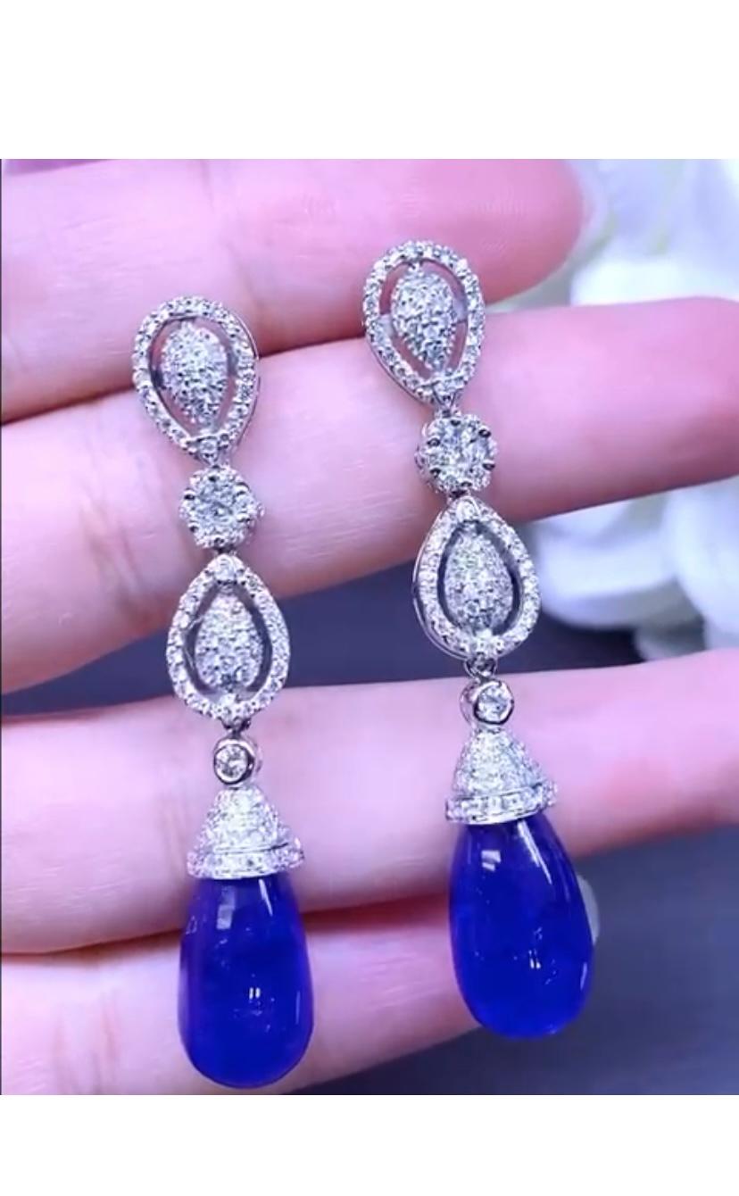 Cabochon AIG Certified 30.00 Carats Tanzanites  Diamonds 18K Gold Earrings  For Sale