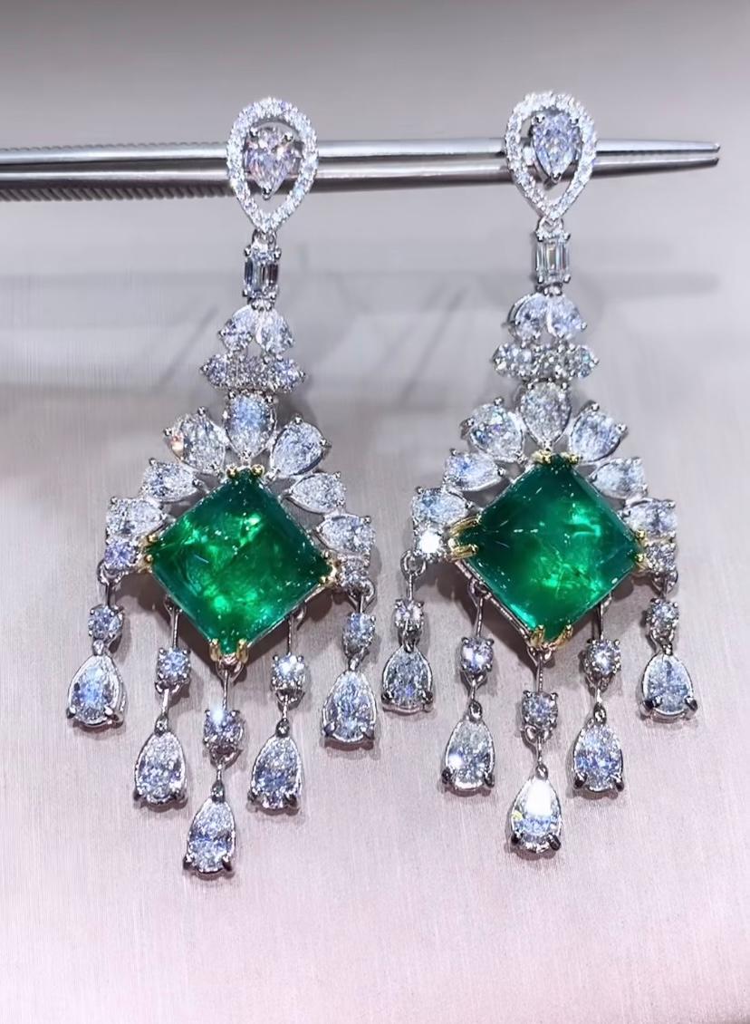 Cabochon AIG certified 30.02 Carats Zambian Emeralds  12.68 Ct Diamonds 18K Gold Earrings For Sale