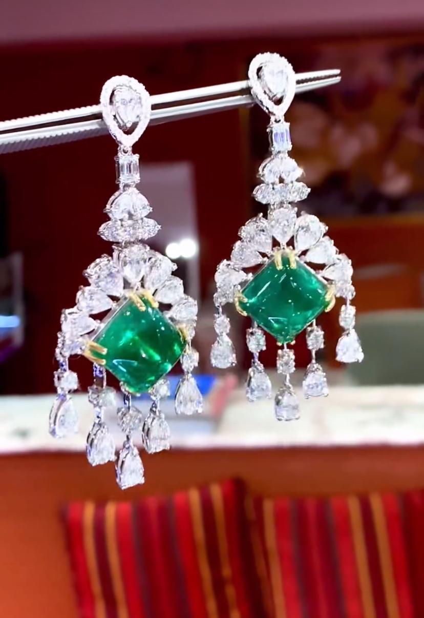 AIG certified 30.02 Carats Zambian Emeralds  12.68 Ct Diamonds 18K Gold Earrings For Sale 1