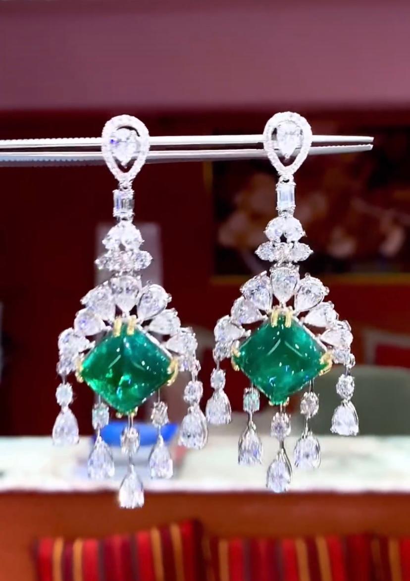 AIG certified 30.02 Carats Zambian Emeralds  12.68 Ct Diamonds 18K Gold Earrings For Sale 2