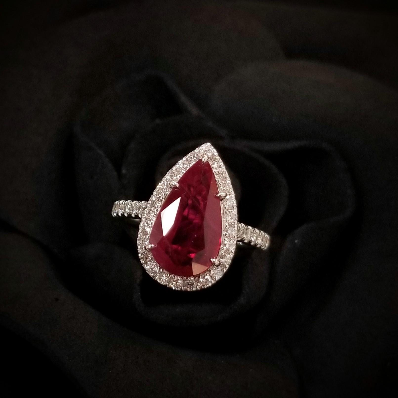 Pear Cut AIG Certified 3.03 Carat Ruby & Diamond Ring in 18K White Gold For Sale