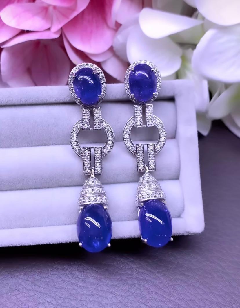 Cabochon AIG Certified 30.80 Carats Natural Tanzanites  Diamonds 18K Gold Earrings  For Sale