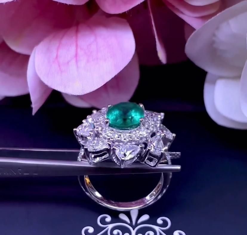 Oval Cut AIG Certified 3.10 Carats Zambia Emerald  2.80 Ct Diamonds 18K Gold Ring For Sale