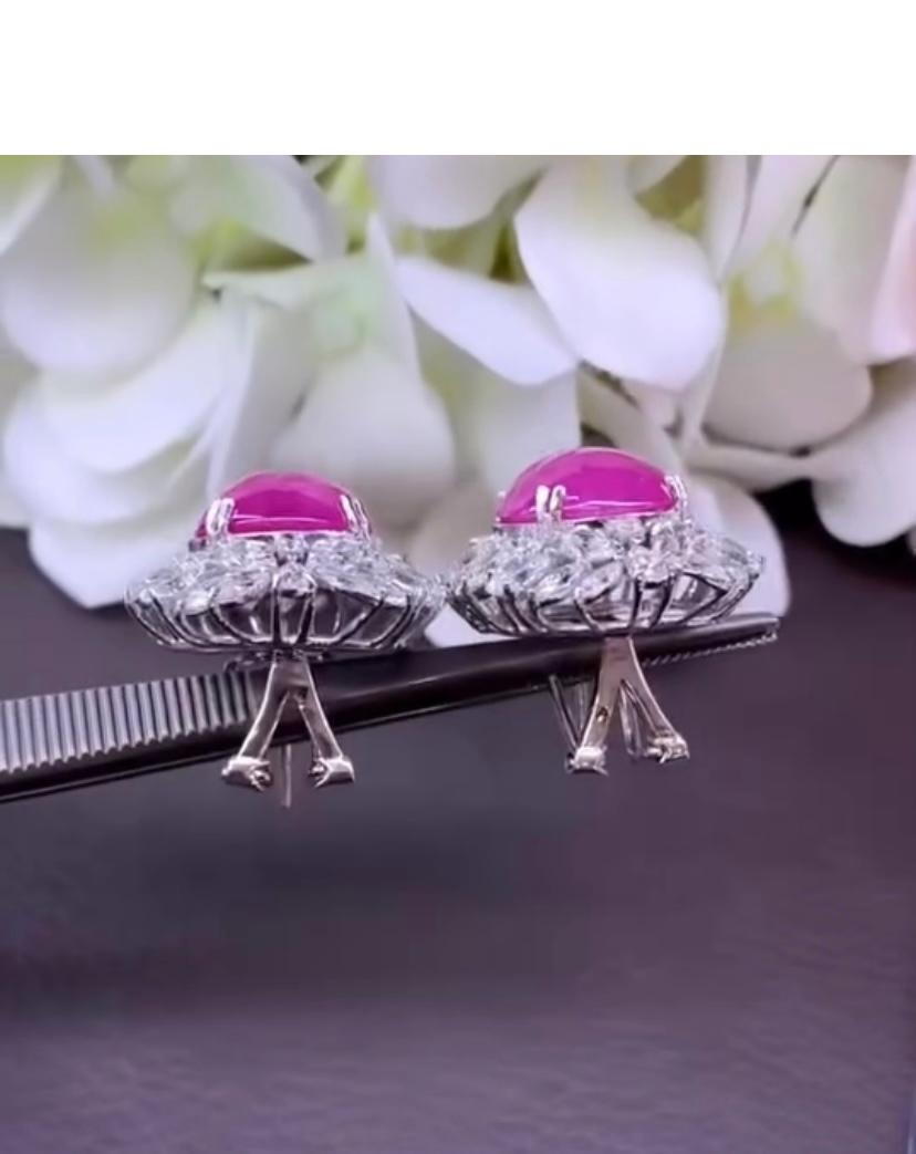 Cabochon AIG Certified 31.00 Ct Burma Rubies 9.40 Ct Diamonds 18K Gold Earrings For Sale
